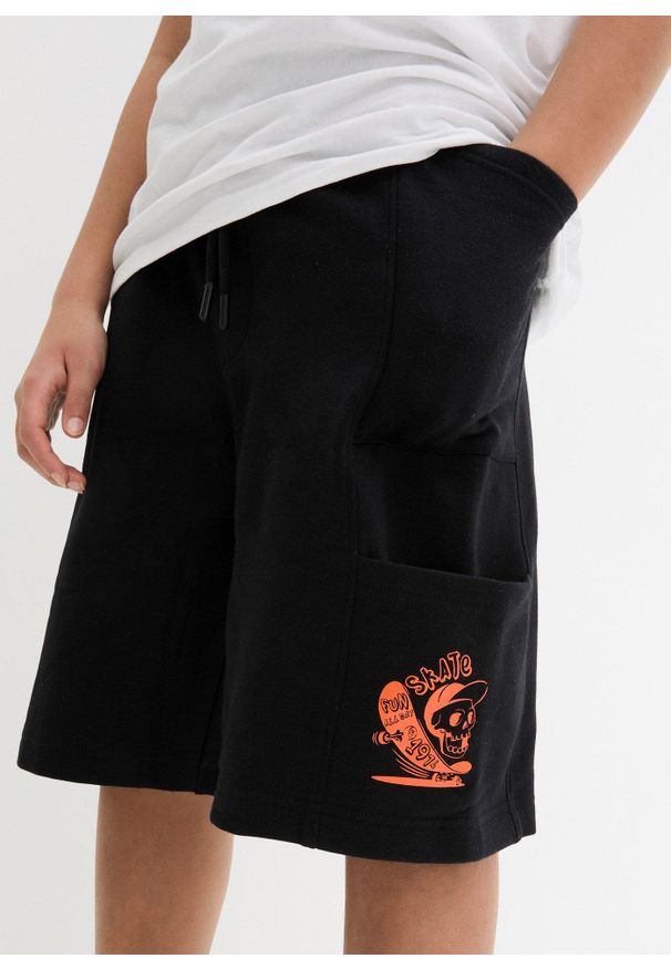 bonprix - Bermudy dresowe cargo z czystej bawełny organicznej. Kolor: czarny. Materiał: dresówka, bawełna