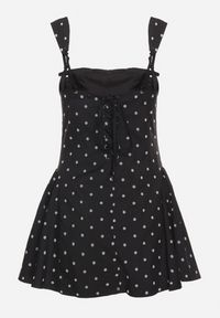 Born2be - Czarna Sukienka Vices w Grochy o Rozkloszowanym Kroju z Wiązaniem na Ramiączkach Saririse. Okazja: na ślub cywilny, na wesele. Typ kołnierza: dekolt kwadratowy, dekolt gorset. Kolor: czarny. Długość rękawa: na ramiączkach. Wzór: grochy. Typ sukienki: gorsetowe #2