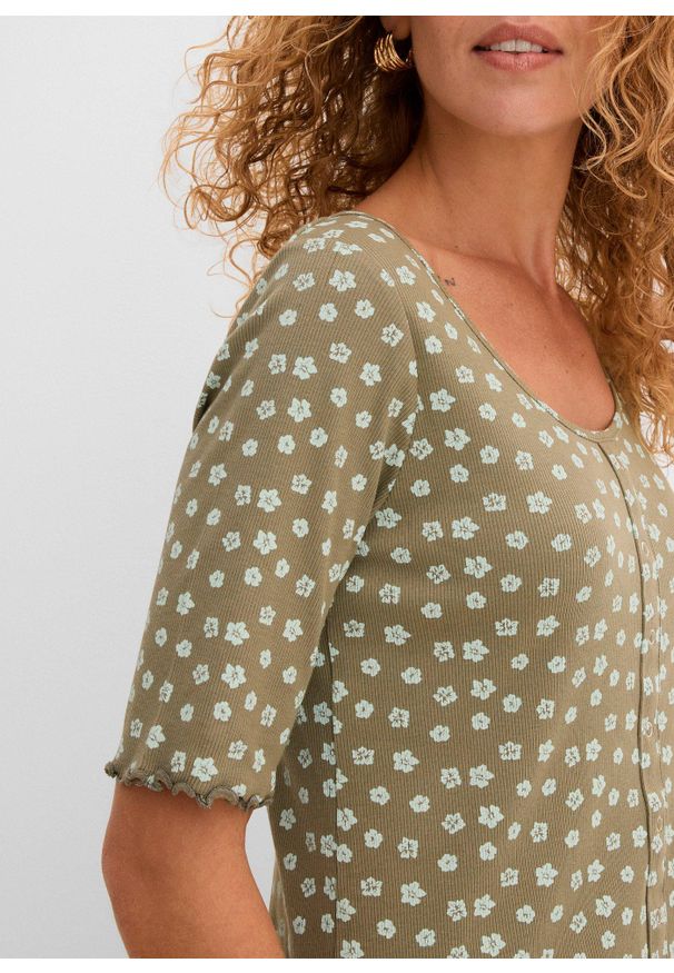 bonprix - Prążkowany T-shirt z kwiatowym nadrukiem, półdługie rękawy. Kolor: zielony. Materiał: prążkowany. Wzór: prążki, nadruk, kwiaty