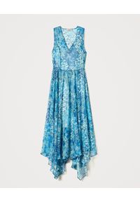 TwinSet - TWINSET - Niebieska sukienka z asymetrycznym dołem. Kolor: niebieski. Wzór: kwiaty, nadruk. Typ sukienki: asymetryczne. Długość: maxi #4