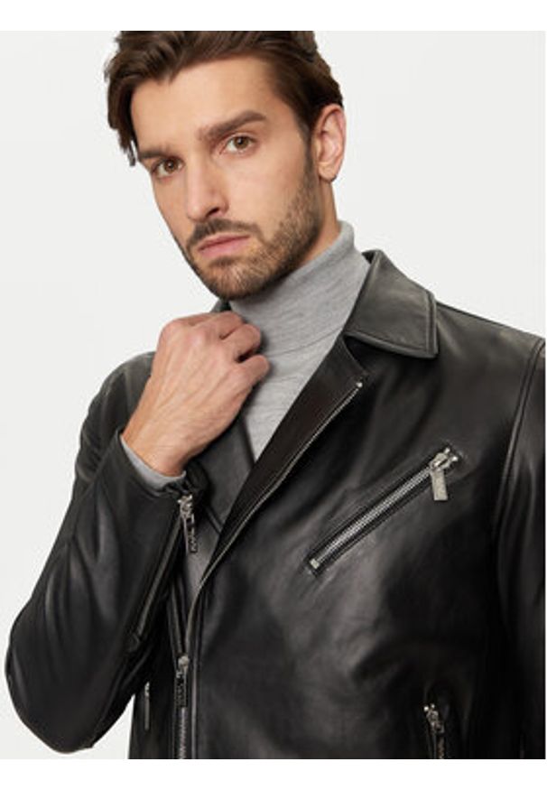Karl Lagerfeld - KARL LAGERFELD Kurtka skórzana 555021 544421 Czarny Regular Fit. Typ kołnierza: dekolt w karo. Kolor: czarny. Materiał: skóra