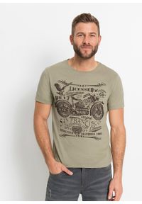 bonprix - T-shirt z czystej bawełny. Okazja: na co dzień. Kolor: zielony, beżowy. Materiał: bawełna. Wzór: nadruk. Styl: casual #1