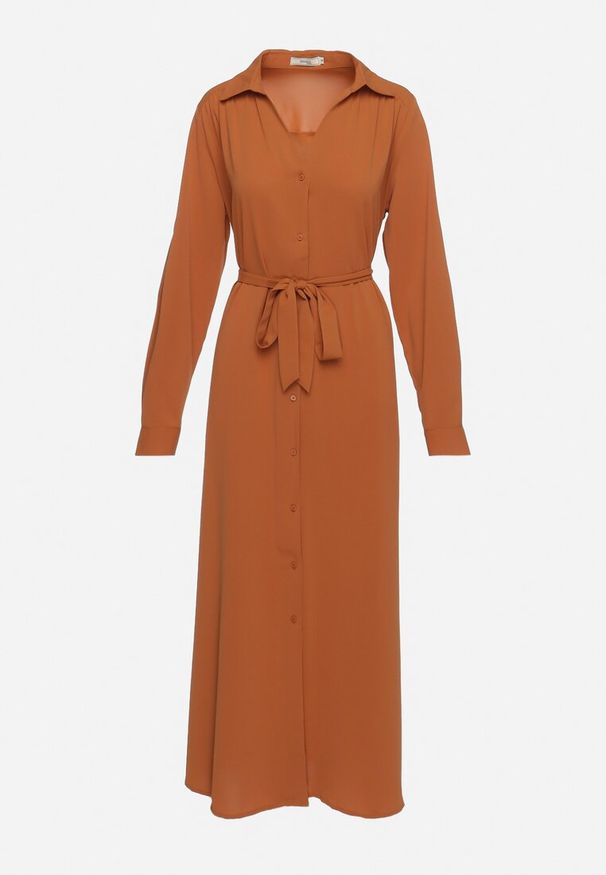 Born2be - Brązowa Rozpinana Sukienka Koszulowa z Regulowanymi Rękawami Grimoire. Kolor: brązowy. Typ sukienki: koszulowe. Styl: wizytowy, elegancki