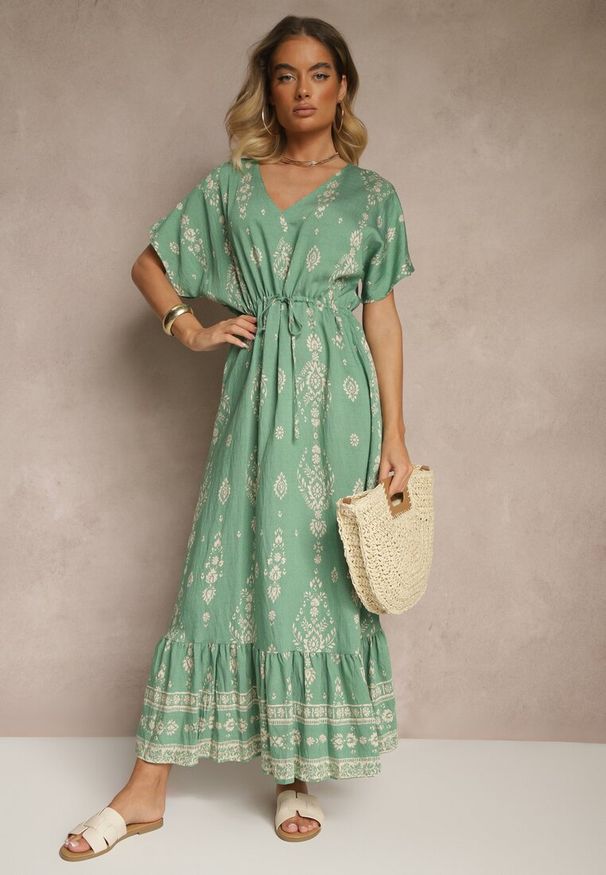 Renee - Zielona Rozkloszowana Sukienka z Falbanką w Print Boho z Wiskozą Tunova. Okazja: na co dzień. Typ kołnierza: dekolt w serek. Kolor: zielony. Materiał: wiskoza. Długość rękawa: długi rękaw. Wzór: nadruk. Styl: boho