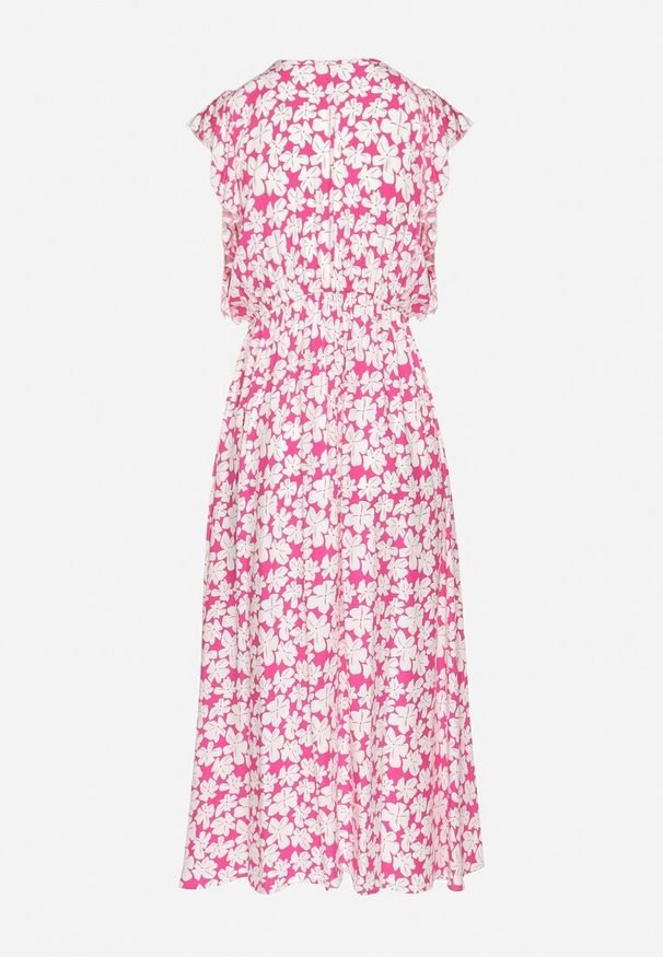 Born2be - Fuksjowa Bawełniana Sukienka w Kwiatki o Rozkloszowanym Kroju z Gumką Alanilia. Okazja: na co dzień. Typ kołnierza: dekolt w kształcie V. Kolor: różowy. Wzór: kwiaty. Typ sukienki: rozkloszowane. Materiał: bawełna. Długość rękawa: krótki rękaw. Sezon: wiosna, lato. Styl: casual, elegancki