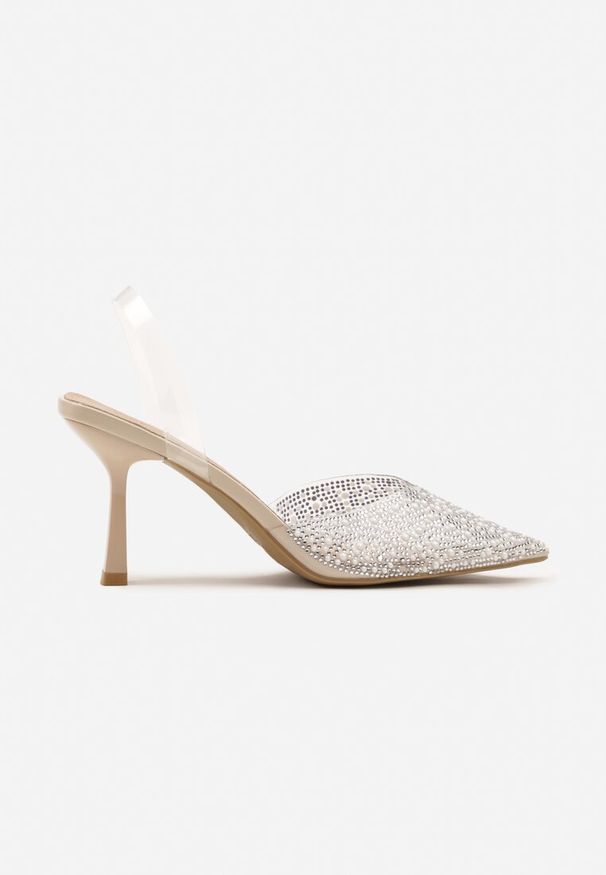 Renee - Beżowe Sandały Vices na Szpilce Slingback ze Skórzaną Wkładką i Cyrkoniami Ovifa. Zapięcie: pasek. Kolor: beżowy. Materiał: skóra. Sezon: lato. Obcas: na szpilce. Styl: elegancki