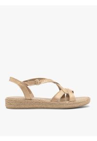 Ryłko - Złote sandały damskie płaskie. Zapięcie: sprzączka. Kolor: złoty. Materiał: skóra. Sezon: lato. Styl: street, wakacyjny #1