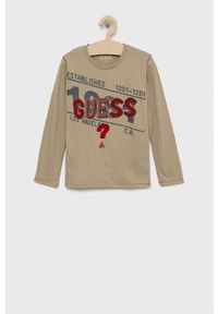 Guess longsleeve bawełniany dziecięcy kolor beżowy z aplikacją. Okazja: na co dzień. Kolor: beżowy. Materiał: bawełna. Długość rękawa: długi rękaw. Wzór: aplikacja. Styl: casual #1