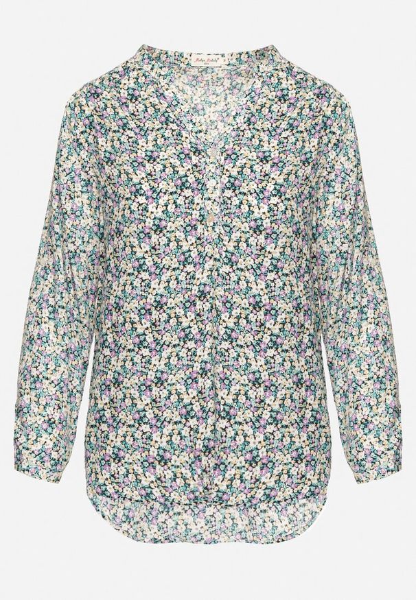 Born2be - Niebieska Bluzka Koszulowa z Wiskozy w Kwiaty z Podpinanymi Rękawami Edialinea. Okazja: na co dzień. Typ kołnierza: dekolt w serek. Kolor: niebieski. Materiał: wiskoza. Długość: długie. Wzór: kwiaty. Styl: klasyczny, casual