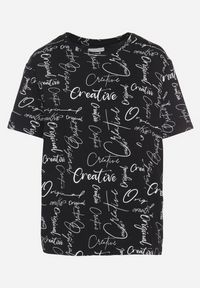 Born2be - Czarny T-shirt Oversize z Bawełny Zdobiony Nadrukiem Sinelra. Okazja: na co dzień. Kolor: czarny. Materiał: bawełna. Wzór: aplikacja, nadruk. Styl: klasyczny, elegancki, casual #7