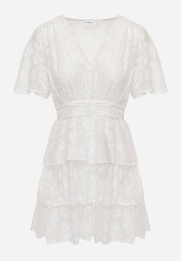 Renee - Biała Sukienka o Rozkloszowanym Kroju z Dekoltem w Serek i Falbankami Drapia. Okazja: na imprezę. Typ kołnierza: dekolt w serek, kołnierz z falbankami. Kolor: biały. Materiał: skóra. Styl: rockowy, elegancki