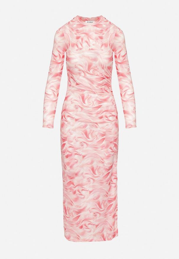 Born2be - Fuksjowa Dopasowana Sukienka z Siateczki z Wiskozą w Abstrakcyjny Wzór Sarilene. Okazja: na co dzień. Kolor: różowy. Materiał: wiskoza. Długość rękawa: długi rękaw. Typ sukienki: dopasowane. Styl: casual, elegancki, klasyczny