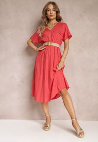 Renee - Czerwona Koszulowa Sukienka Midi z Bawełny z Gumką w Talii i Plecionym Paskiem Emera. Kolor: czerwony. Materiał: bawełna. Typ sukienki: koszulowe. Długość: midi #3