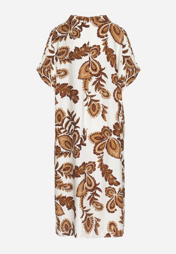 Born2be - Brązowa Sukienka z Wiskozą i Lnem Pudełkowa z Kieszeniami w Kwiatowy Wzór Boho Natundelia. Okazja: na co dzień. Kolor: brązowy. Materiał: wiskoza, len. Wzór: kwiaty. Styl: boho