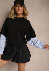 Renee - Czarna Bawełniana Bluzka Ozdobiona Koszulowymi Rękawami w Paski Milseli. Okazja: na co dzień. Kolor: czarny. Materiał: bawełna. Wzór: paski, aplikacja. Styl: casual