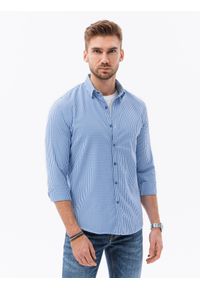 Ombre Clothing - Bawełniana koszula męska z printem w drobną kratę REGULAR FIT - biało-niebieska V2 K638 - XL. Kolor: biały. Materiał: bawełna. Wzór: nadruk #5