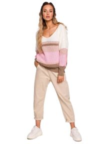 MOE - Kolorowy sweter w paski i z dekoltem w serek. Typ kołnierza: dekolt w serek. Wzór: kolorowy, paski #3