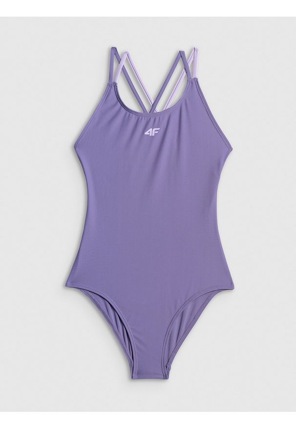 4f - 4F Kostium kąpielowy jednoczęściowy dziewczęcy - fioletowy 134/140 (8-10 lat). Kolor: fioletowy. Materiał: skóra, materiał. Rodzaj stanika: push-up