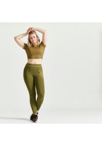 DOMYOS - Legginsy fitness damskie Domyos. Stan: podwyższony. Kolor: zielony, brązowy. Materiał: materiał, elastan, poliester, skóra. Sport: fitness