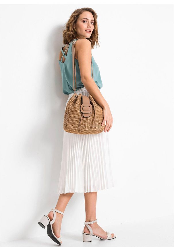 bonprix - Torebka worek w optyce plecionki. Kolor: beżowy. Styl: casual