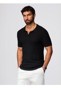 Ombre Clothing - Dzianinowa koszulka męska polo bez zapięcia – czarna V3 - Rozmiar: S. Okazja: na co dzień. Typ kołnierza: polo. Kolor: czarny. Materiał: dzianina. Wzór: gładki, ze splotem. Styl: klasyczny, casual #4