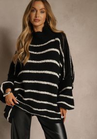 Renee - Czarny Oversizowy Golf w Paski z Dodatkiem Wełny i Wiskozy Nezella. Okazja: na co dzień. Typ kołnierza: golf. Kolor: czarny. Materiał: wełna, wiskoza. Wzór: paski. Styl: casual, elegancki #5