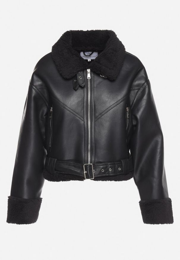 Born2be - Czarna Kurtka Ramoneska Biker z Futerkiem i Paskiem Telima. Okazja: na co dzień. Kolor: czarny. Materiał: futro. Sezon: zima. Styl: elegancki, casual