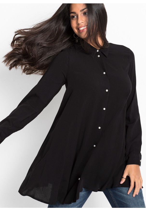 bonprix - Bluzka z czystej wiskozy. Typ kołnierza: dekolt w serek. Kolor: czarny. Materiał: wiskoza. Długość: długie. Styl: elegancki