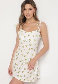 Born2be - Biała Sukienka na Wiązanych Ramiączkach w Cytryny Efrunea. Kolor: biały. Długość rękawa: na ramiączkach. Sezon: lato. Typ sukienki: rozkloszowane #7