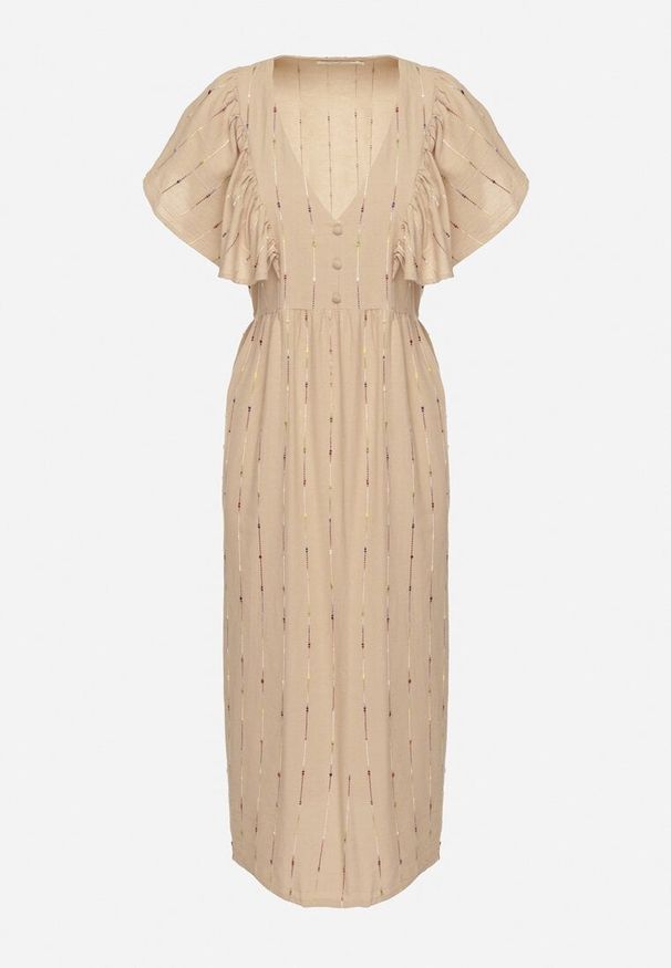 Born2be - Beżowa Bawełniana Sukienka o Rozkloszowanym Kroju z Falbanami Silimea. Okazja: na co dzień. Typ kołnierza: dekolt w kształcie V. Kolor: beżowy. Materiał: bawełna. Typ sukienki: rozkloszowane. Styl: casual, elegancki, klasyczny