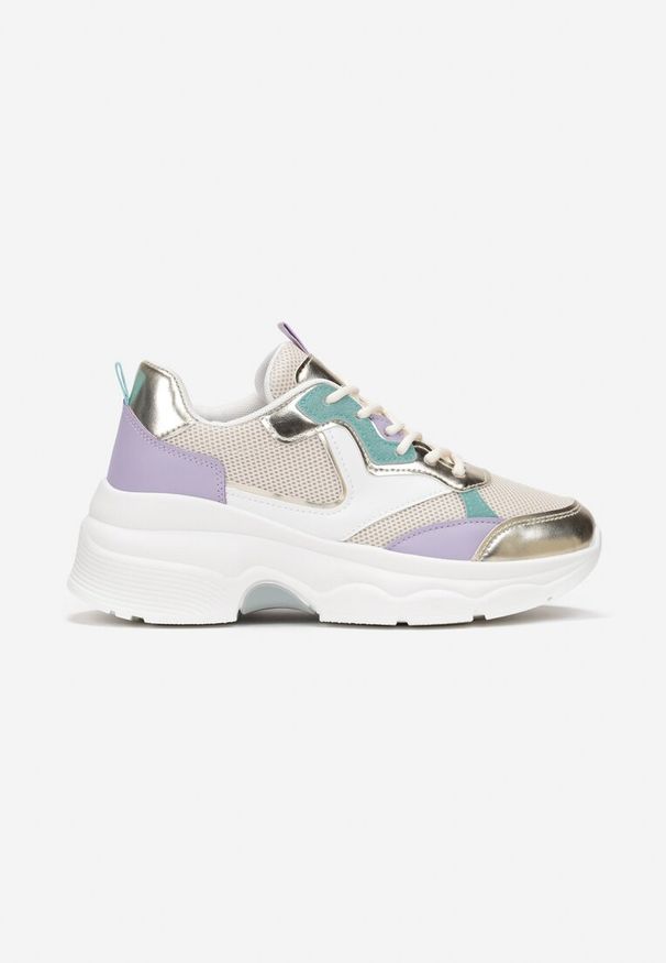 Born2be - Beżowo-Złote Sneakersy na Grubej Podeszwie z Lakierowanymi Wstawkami Fryda. Kolor: beżowy. Materiał: lakier