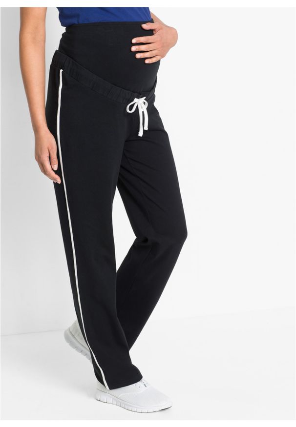 bonprix - Spodnie dresowe ciążowe ze stretchem, z bawełny organicznej. Kolekcja: moda ciążowa. Kolor: czarny. Materiał: bawełna, dresówka