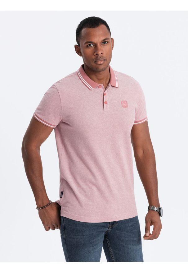 Ombre Clothing - Melanżowa koszulka męska polo z kontrastowym kołnierzykiem - różowa V2. Typ kołnierza: kołnierzyk kontrastowy, polo. Kolor: różowy. Materiał: bawełna. Wzór: melanż