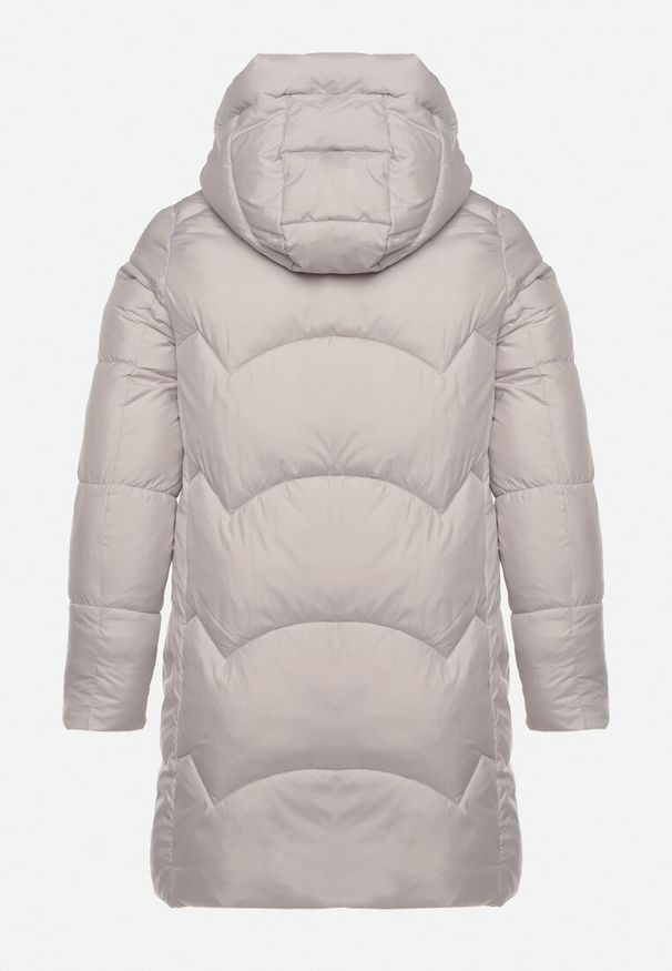 Born2be - Jasnoszara Długa Pikowana Kurtka z Nieodpinanym Kapturem Mevessia. Okazja: na co dzień. Kolor: szary. Materiał: jeans. Długość: długie. Styl: klasyczny, casual, elegancki