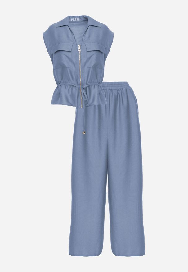 Renee - Niebieski Komplet Utility z Wiskozy Spodnie i Bluzka na Suwak ze Ściągaczem Petolira. Kolor: niebieski. Materiał: wiskoza