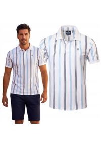 Męska Koszulka Polo - Pako Jeans - Biała w Prążki. Okazja: na co dzień. Typ kołnierza: polo. Kolor: niebieski. Materiał: bawełna. Wzór: prążki, paski. Styl: casual #7