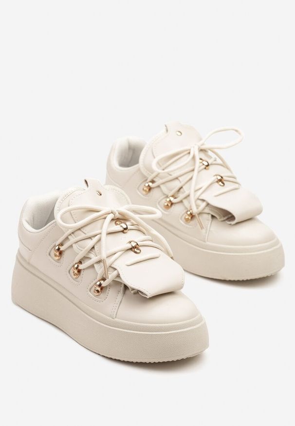 Born2be - Beżowe Sneakersy na Platformie z Ozdobnym Szerokim Językiem Zarinea. Okazja: na co dzień. Nosek buta: okrągły. Zapięcie: sznurówki. Kolor: beżowy. Materiał: jeans. Obcas: na platformie