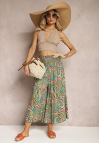 Renee - Zielone Spodnie Culottes z Bawełnianej Tkaniny Ozdobione Wzorem Paisley Gwinamas. Okazja: do pracy. Kolor: zielony. Materiał: bawełna, tkanina. Wzór: aplikacja, paisley