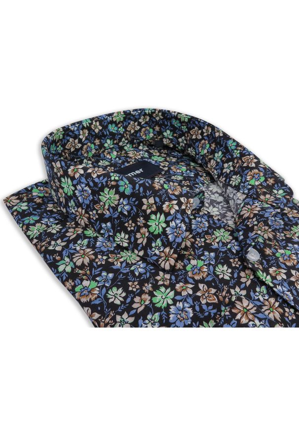 Mmer / Villaro - Koszule męskie - Granatowa koszula męska w kolorowe kwiatki F033. Kolor: niebieski. Materiał: bawełna, tkanina. Długość: długie. Wzór: kolorowy, kwiaty