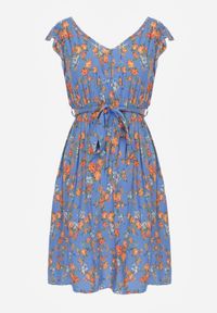 Renee - Niebieska Sukienka Mini z Wiskozy z Gumką w Talii Farlock. Kolor: niebieski. Materiał: wiskoza. Wzór: kwiaty. Długość: mini #6