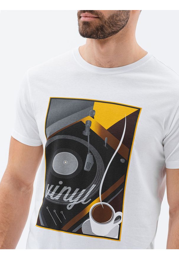 Ombre Clothing - T-shirt męski z nadrukiem S1434 V-9A - biały - XXL. Kolor: biały. Materiał: bawełna. Wzór: nadruk
