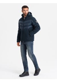Ombre Clothing - Pikowana kurtka męska z łączonych materiałów z wysokim kołnierzem – granatowa V2 - Rozmiar: M. Okazja: na co dzień. Kolor: niebieski. Materiał: materiał. Wzór: aplikacja. Styl: sportowy, casual #8