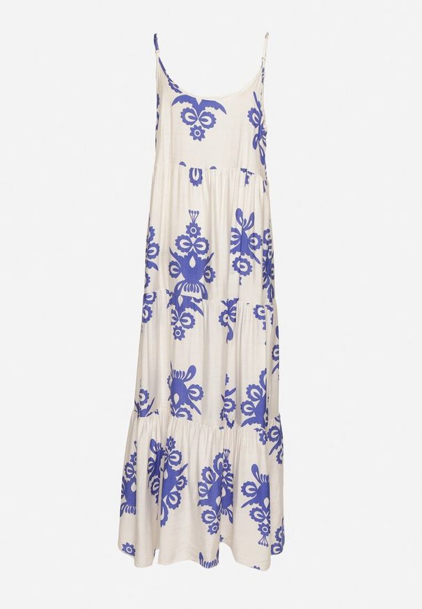 Born2be - Niebieska Wiskozowa Sukienka Rozkloszowana ze Wzorem Boho Silazi. Okazja: na co dzień. Kolor: niebieski. Materiał: wiskoza. Długość rękawa: na ramiączkach. Typ sukienki: proste. Styl: boho