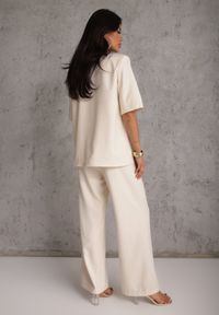 Renee - Beżowy Komplet Garniturowy Marynarka z Krótkim Rękawem i Spodnie Wide Leg Coramara. Kolor: beżowy. Wzór: aplikacja #4