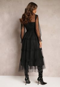 Renee - Czarna Koronkowa Sukienka Rozkloszowana z Falbanką Faberlla. Kolor: czarny. Materiał: koronka. Długość rękawa: długi rękaw. Wzór: koronka #4