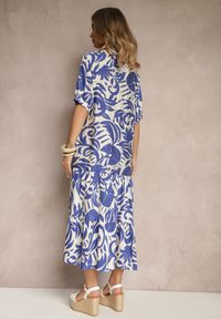 Renee - Niebieska Rozkloszowana Sukienka z Wiskozy Ozdobiona Falbaną Filesenia. Kolor: niebieski. Materiał: wiskoza. Wzór: aplikacja. Styl: elegancki #3