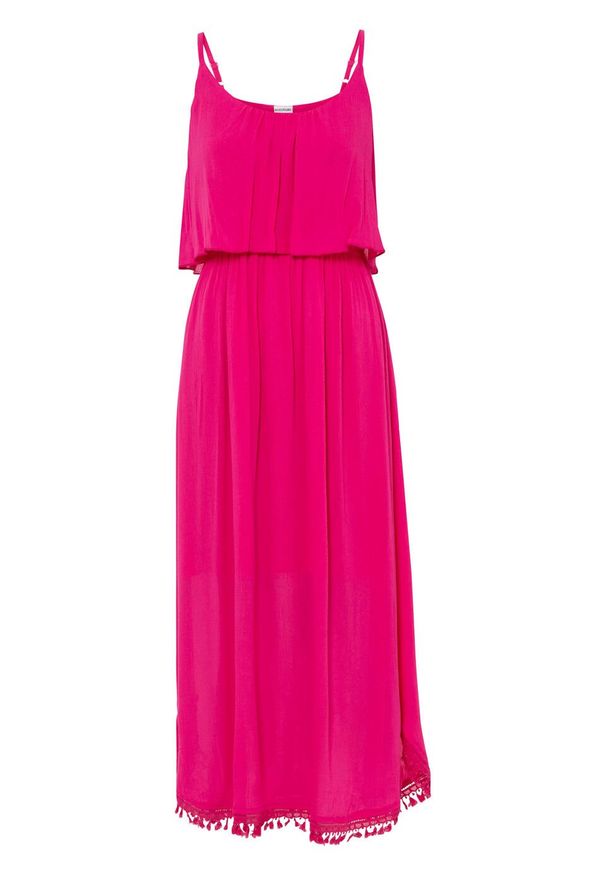 Sukienka midi z falbaną bonprix różowy. Kolor: różowy. Styl: elegancki. Długość: midi