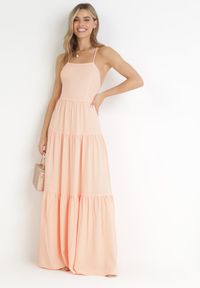 Born2be - Pomarańczowa Maxi Sukienka na Cienkich Ramiączkach z Wiązaniem na Tyle Ozdobiona Falbankami Beatrics. Typ kołnierza: kołnierz z falbankami. Kolor: pomarańczowy. Długość rękawa: na ramiączkach. Wzór: aplikacja. Długość: maxi #3