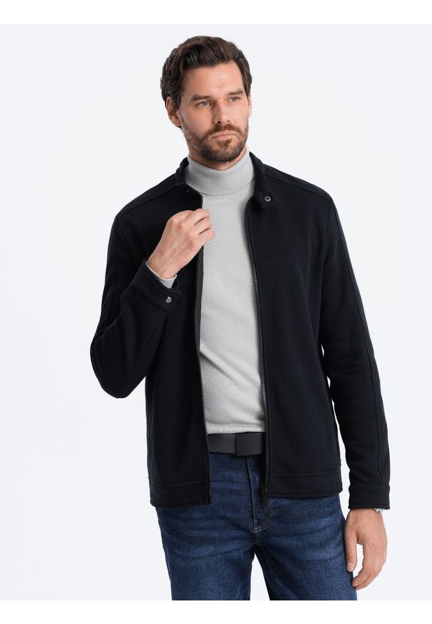 Ombre Clothing - Bluza męska rozpinana ze stójką - czarna V5. Typ kołnierza: kołnierzyk stójkowy. Kolor: czarny. Materiał: poliester, bawełna