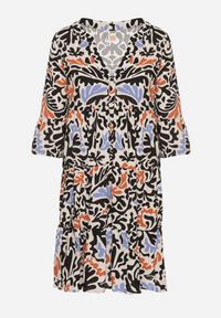 Born2be - Czarno-Beżowa Wiskozowa Rozkloszowana Sukienka z Abstrakcyjnym Wzorem Liracalia. Okazja: na co dzień. Kolor: czarny. Materiał: wiskoza. Styl: elegancki, casual